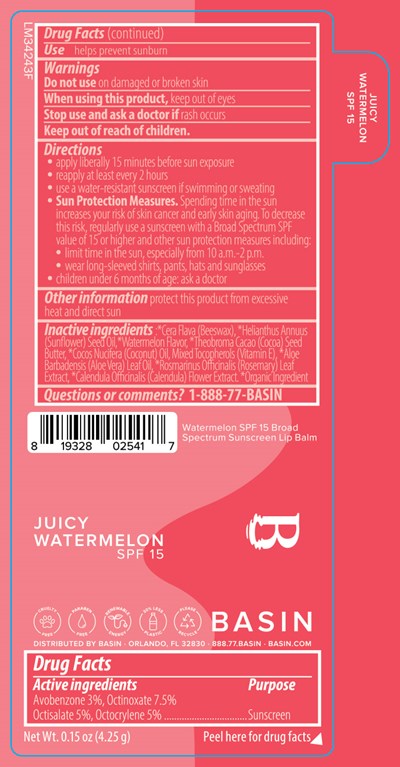 Basin Juicy Watermelon Spf 15 Broad Spectrum Sunscreen Lip Balm 0.15 Oz Label (Lm34243f Pl154s Basin Watermelon Spf 15 Broad Spectrum Sunscreen 2025 1 27 Ol)
